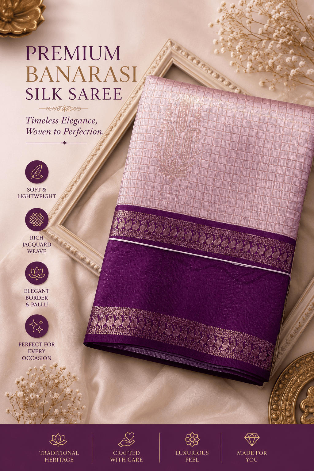 Premium Banarasi Silk Saree – Lavender Pink & Royal Purple