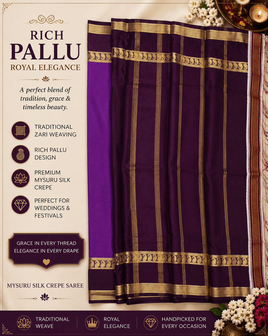 Royal Purple Mysuru Silk Crepe Saree with Traditional Gold Zari Border view 2