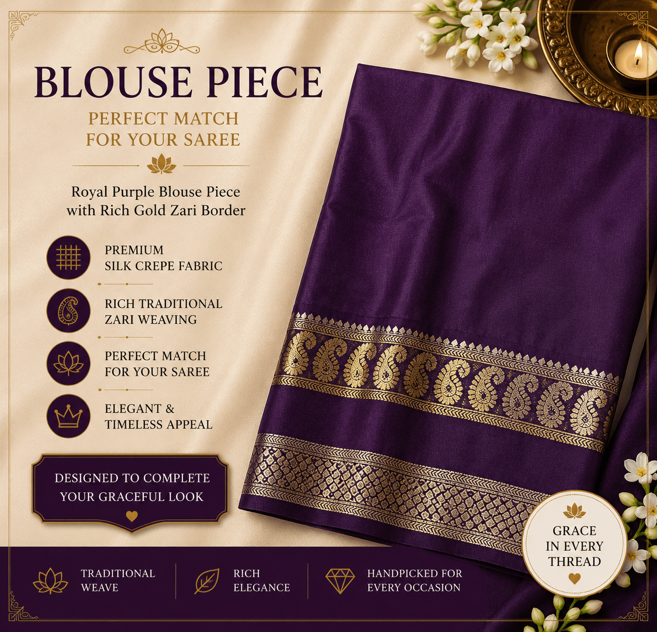 Royal Purple Mysuru Silk Crepe Saree with Traditional Gold Zari Border view 3