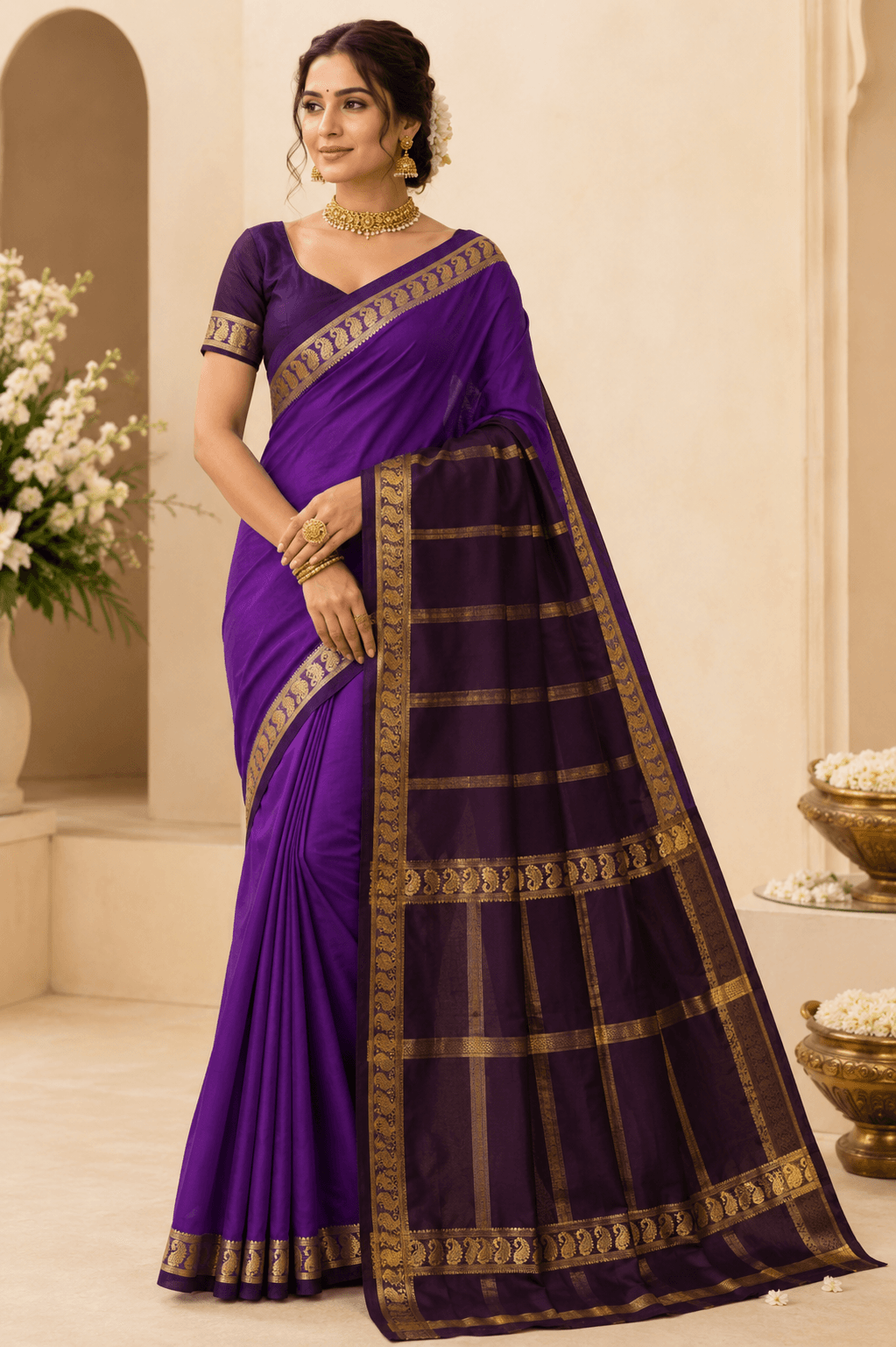 Royal Purple Mysuru Silk Crepe Saree with Traditional Gold Zari Border view 4