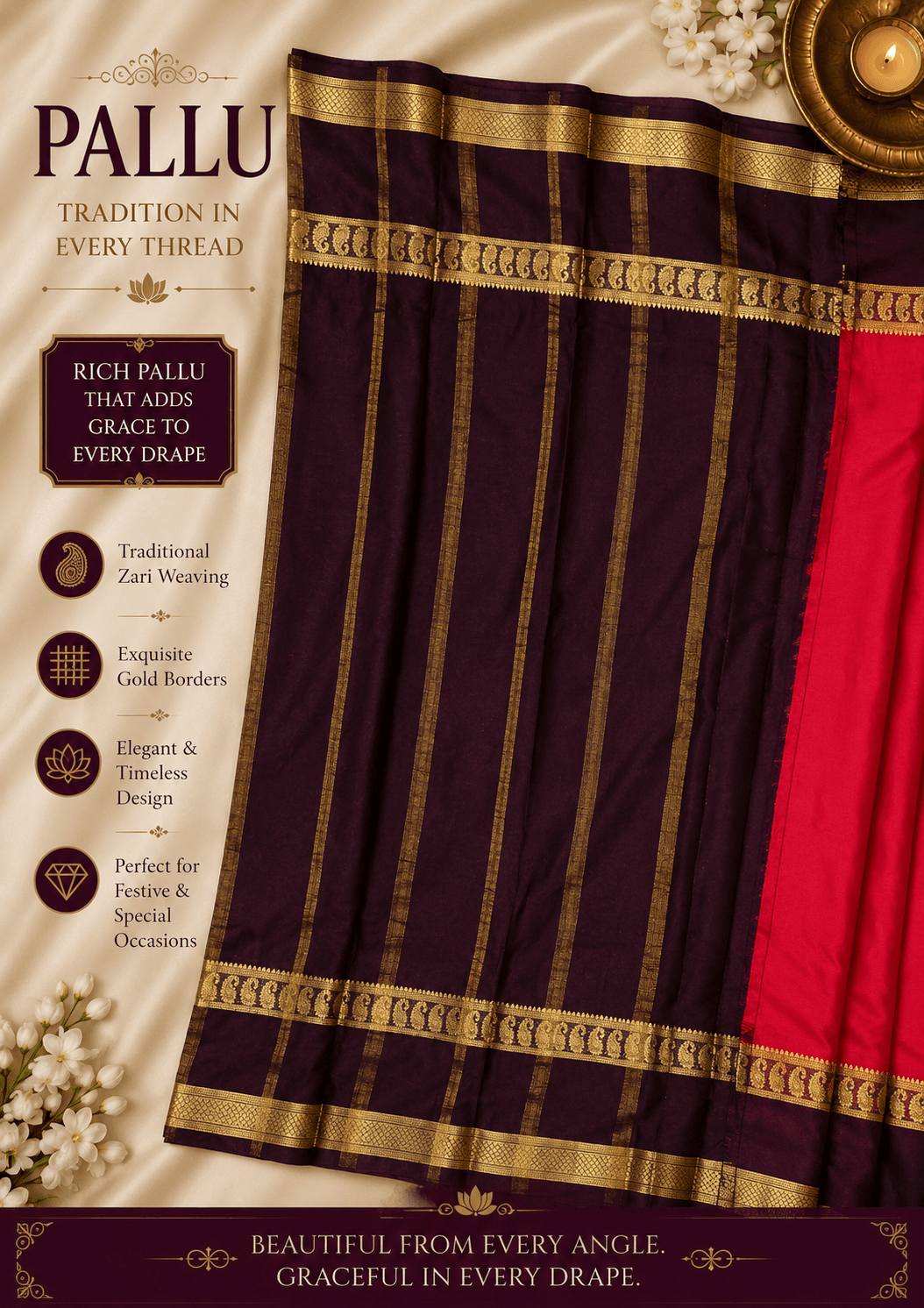 Rani Pink Mysuru Silk Crepe Saree with Wine Purple Traditional Gold Zari Border view 2