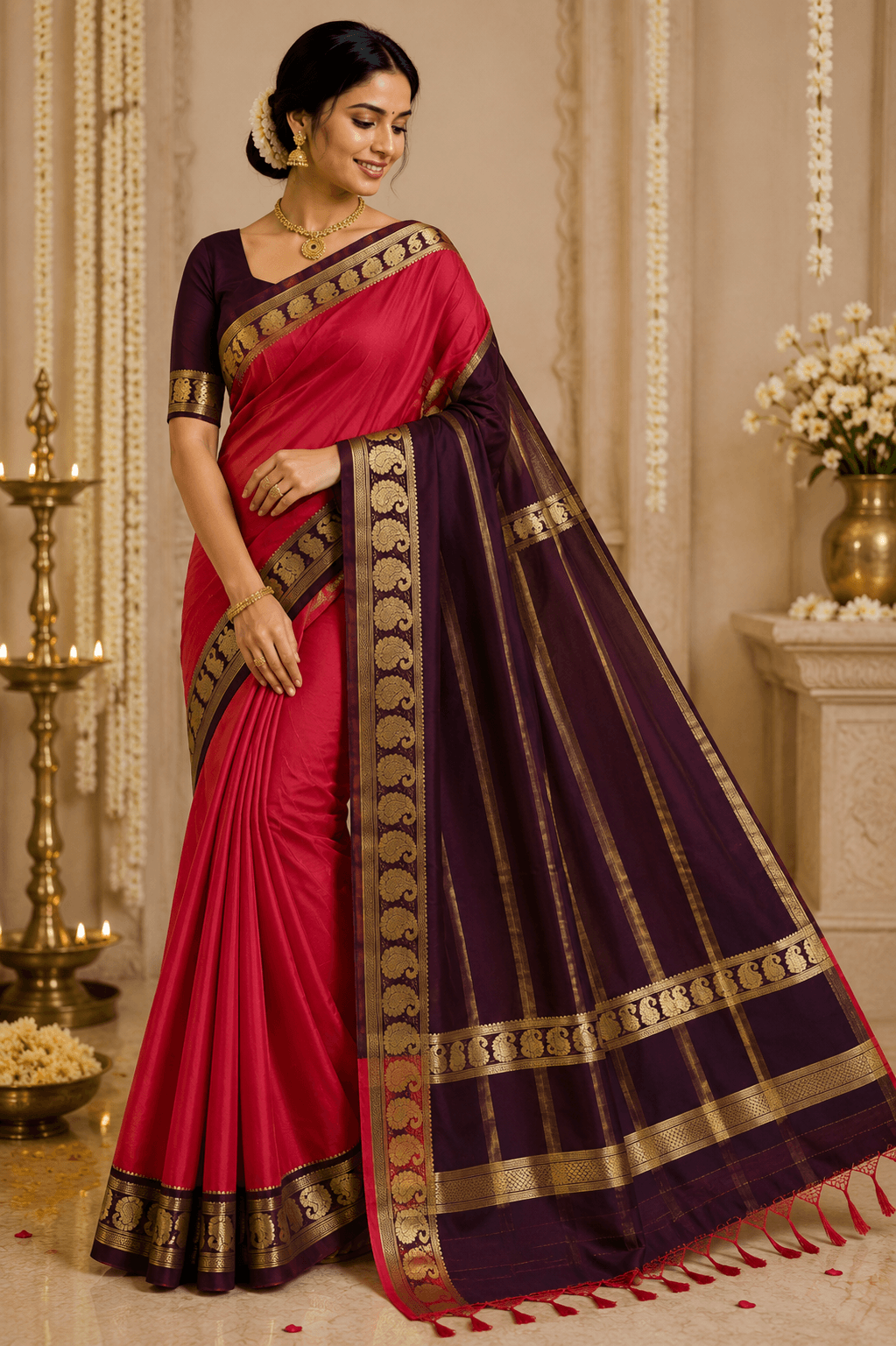 Rani Pink Mysuru Silk Crepe Saree with Wine Purple Traditional Gold Zari Border view 4