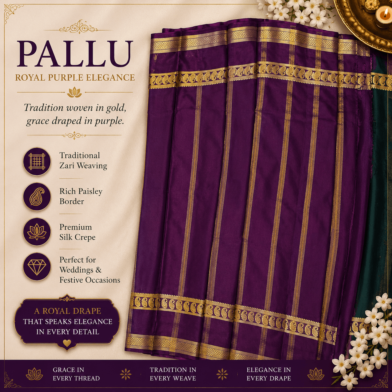 Bottle Green Mysuru Silk Crepe Saree with Wine Purple Gold Zari Border view 2