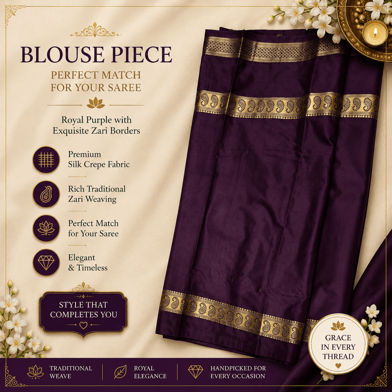 Bottle Green Mysuru Silk Crepe Saree with Wine Purple Gold Zari Border view 3