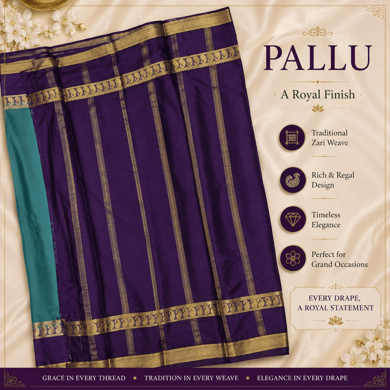 Teal Green Mysuru Silk Crepe Saree with Royal Purple Traditional Zari Border view 2