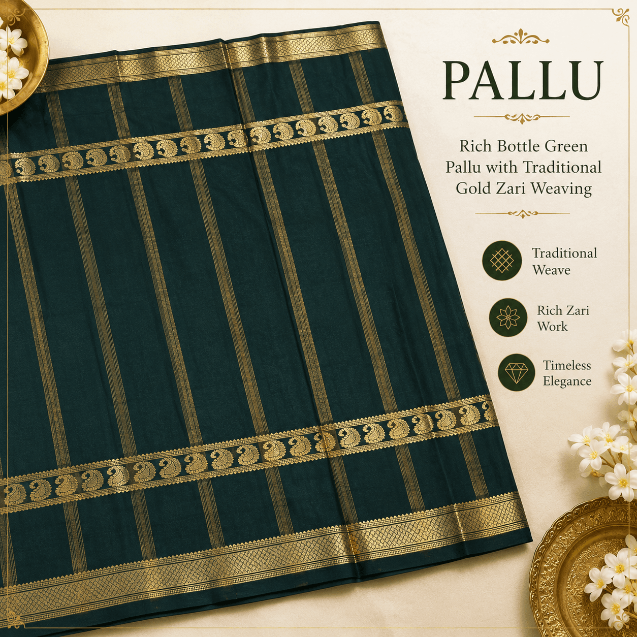 Parrot Green Mysuru Silk Crepe Saree with Bottle Green Traditional Gold Zari Border view 2