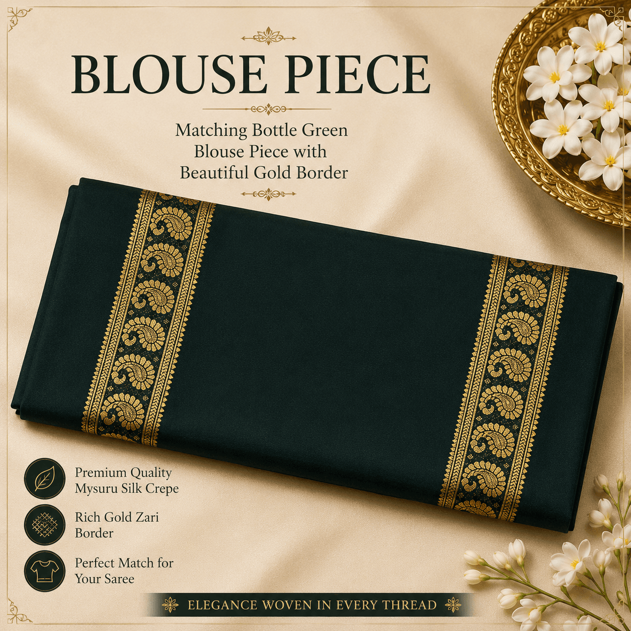 Parrot Green Mysuru Silk Crepe Saree with Bottle Green Traditional Gold Zari Border view 3