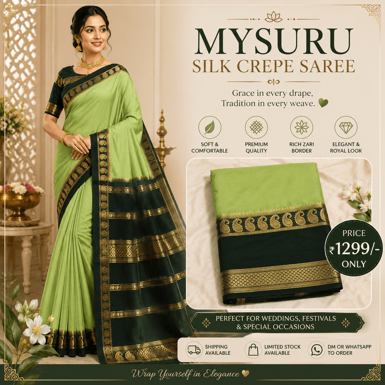 Parrot Green Mysuru Silk Crepe Saree with Bottle Green Traditional Gold Zari Border view 4