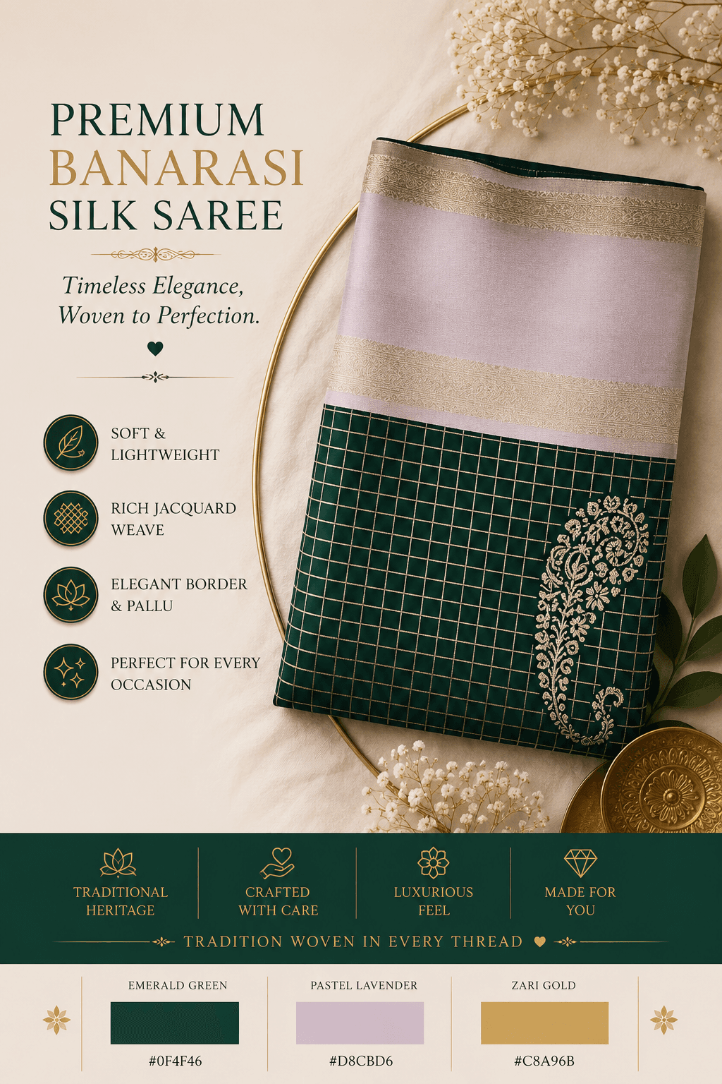 Premium Banarasi Silk Saree – Pastel Lavender & Emerald Green Jacquard Weave