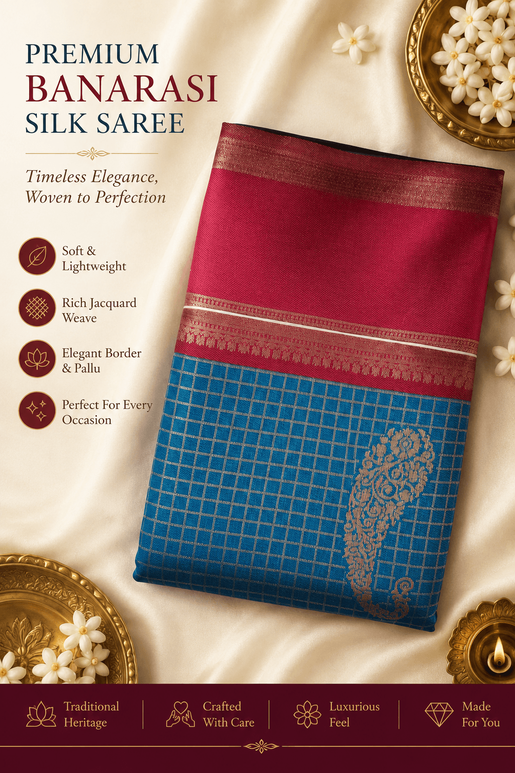 Premium Banarasi Silk Saree – Rani Pink & Peacock Blue Contrast Weave