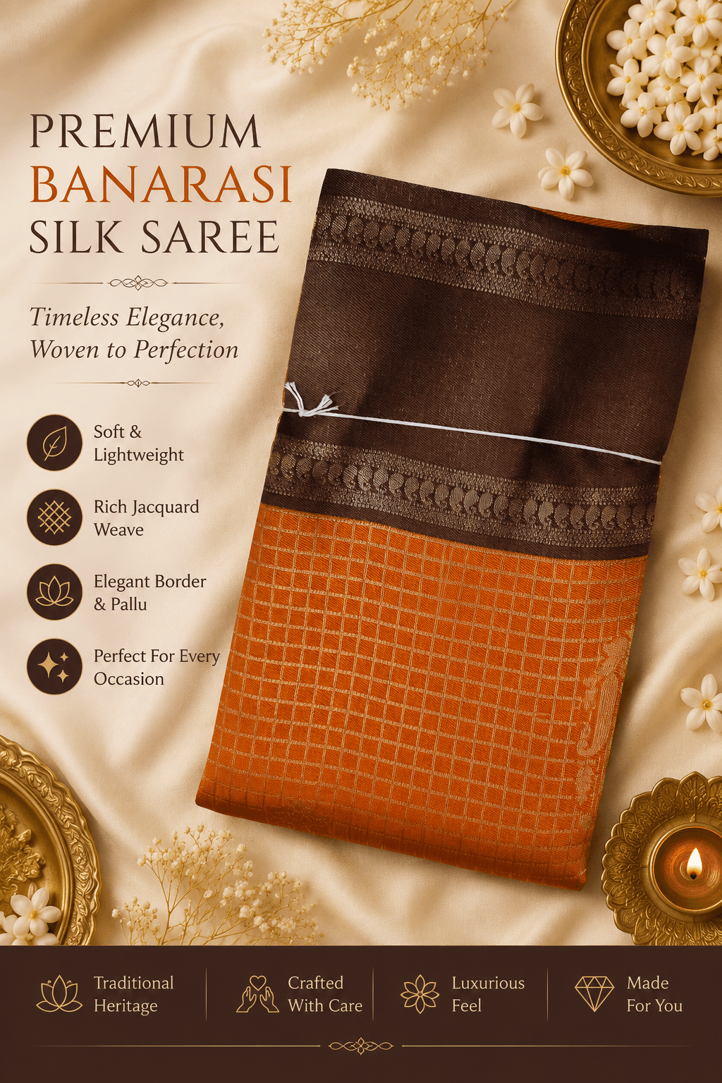 Premium Banarasi Silk Saree – Sunset Orange & Chocolate Brown Contrast Weav