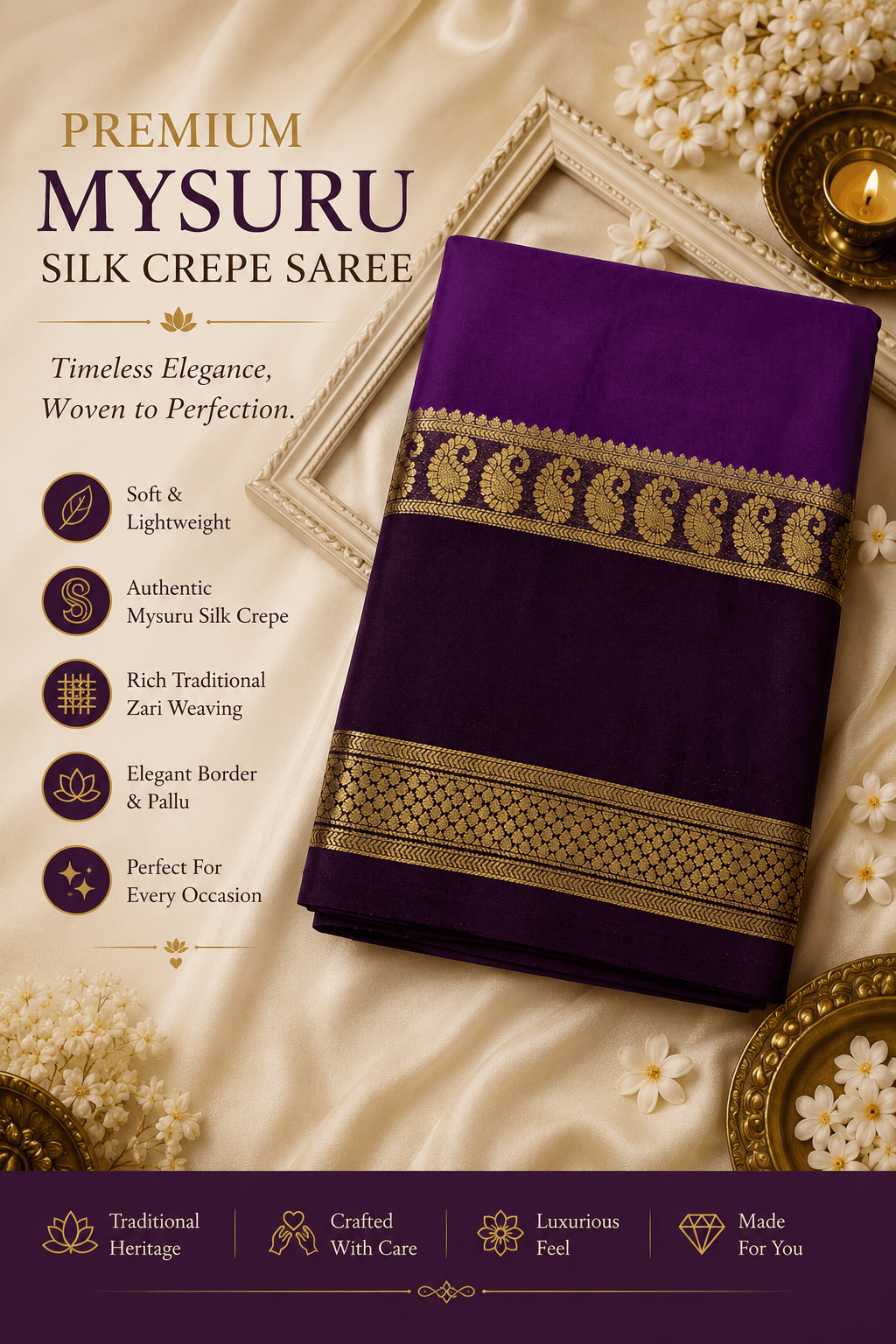 Royal Purple Mysuru Silk Crepe Saree with Traditional Gold Zari Border