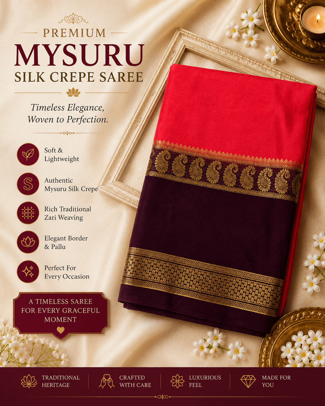 Rani Pink Mysuru Silk Crepe Saree with Wine Purple Traditional Gold Zari Border