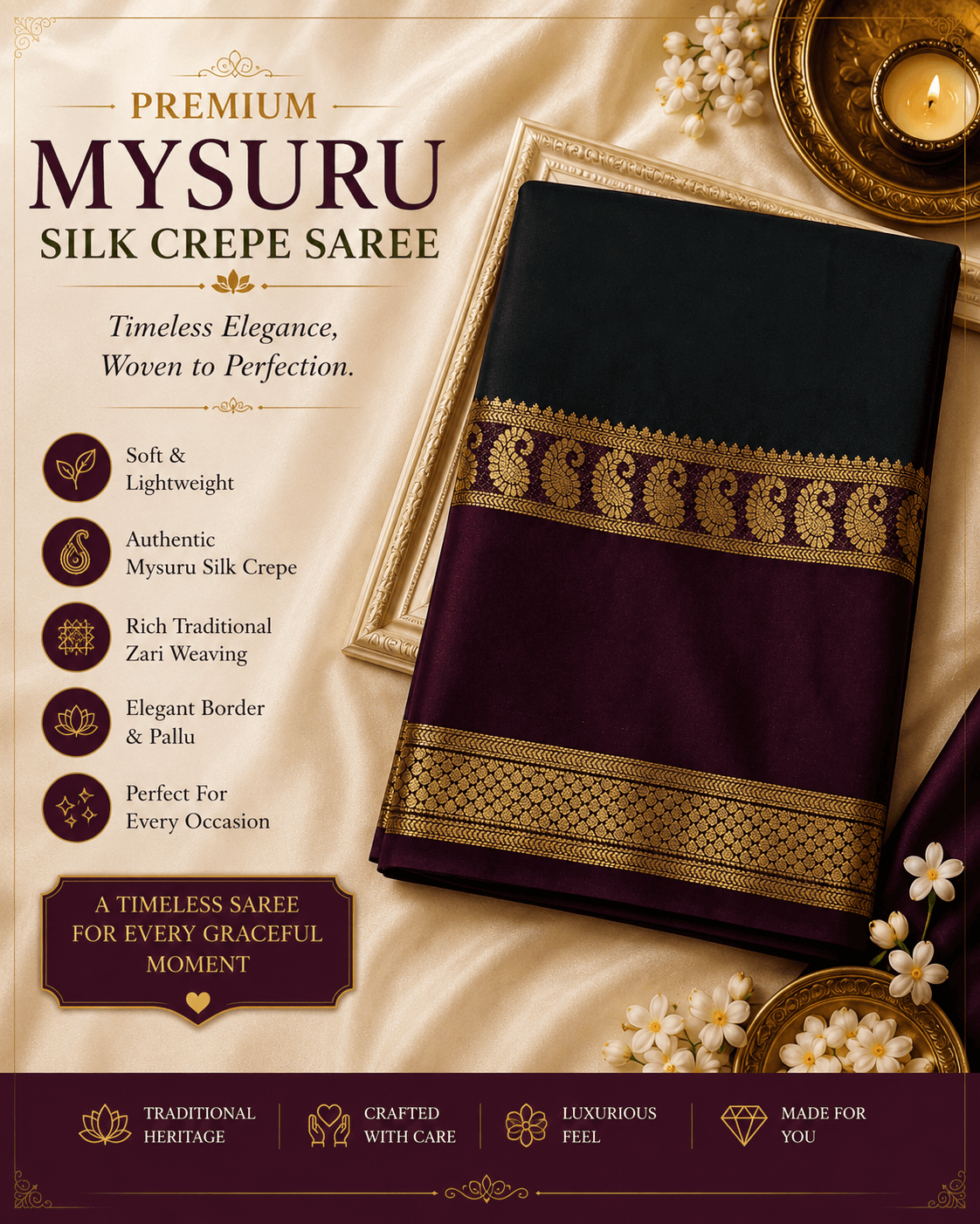 Bottle Green Mysuru Silk Crepe Saree with Wine Purple Gold Zari Border