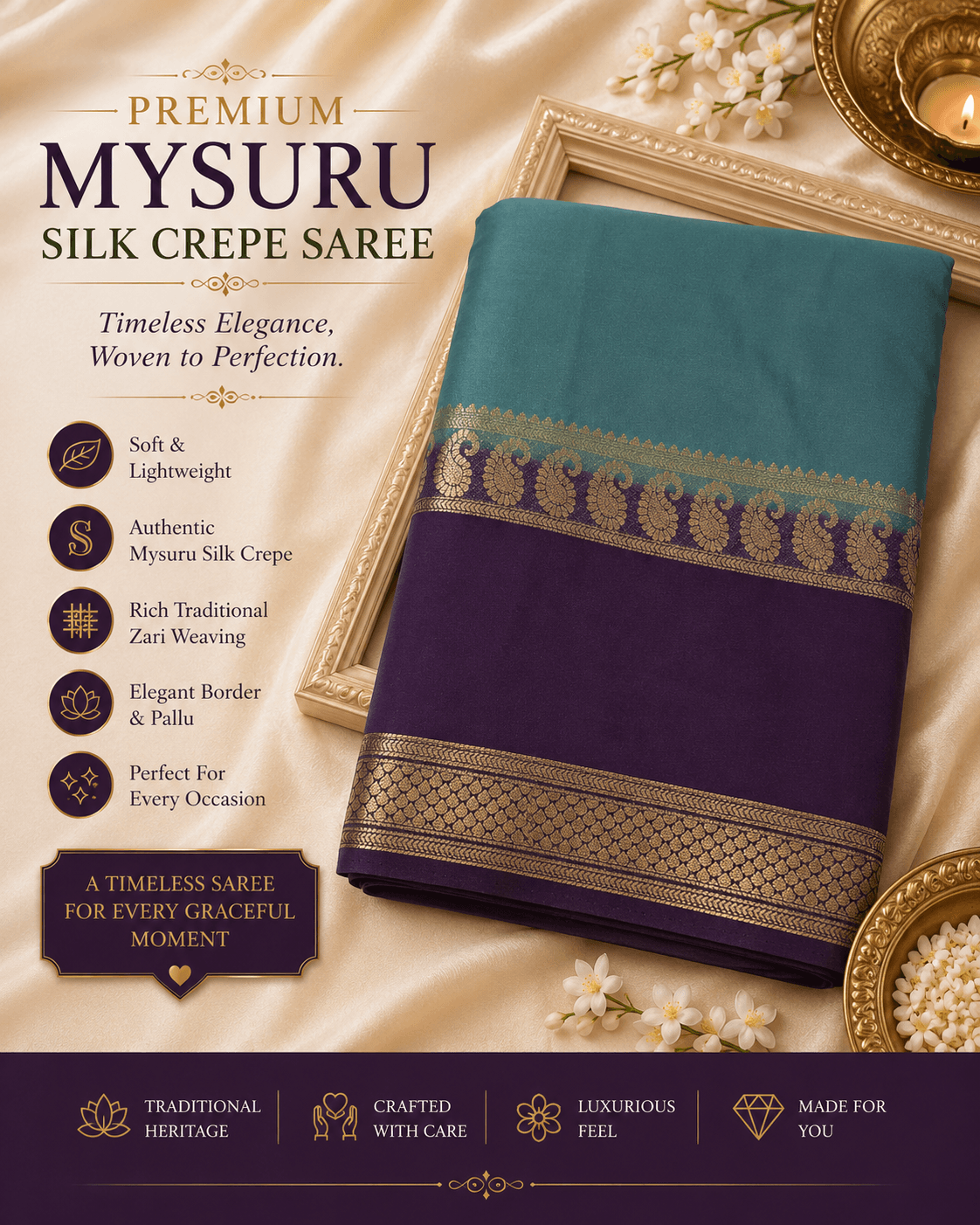 Teal Green Mysuru Silk Crepe Saree with Royal Purple Traditional Zari Border