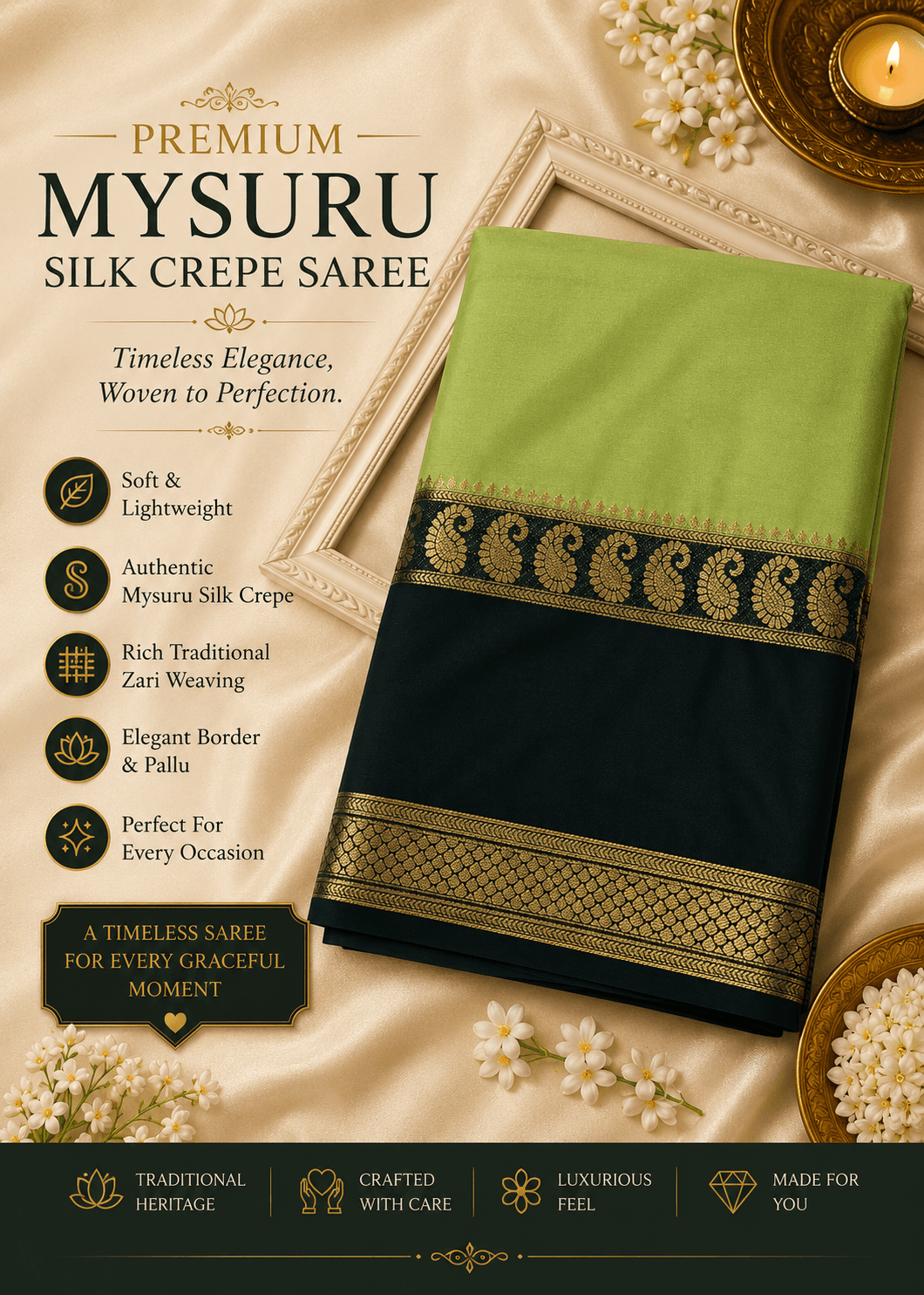 Parrot Green Mysuru Silk Crepe Saree with Bottle Green Traditional Gold Zari Border